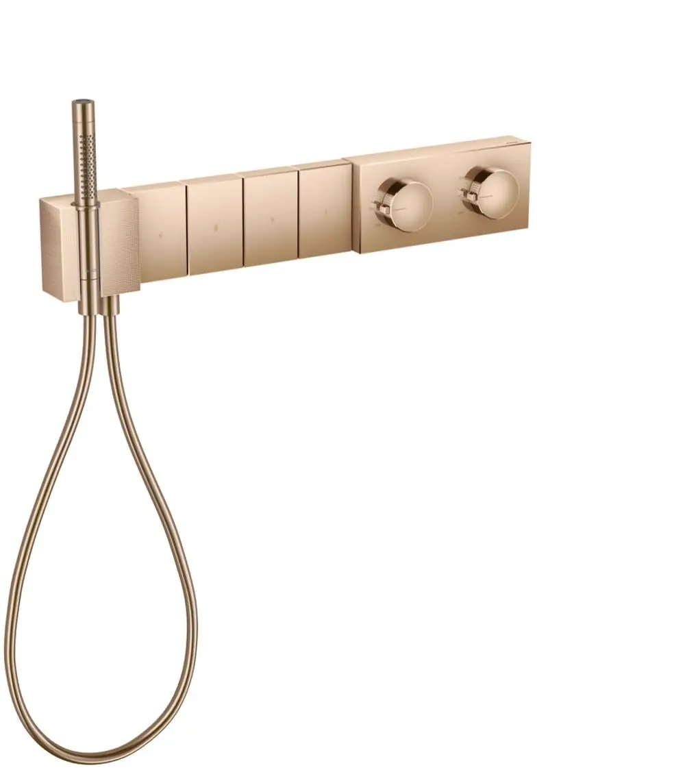 Thermostatmodul mit zwei Bedienelementen und einer Handbrause, präsentiert in einer polierten Rotgold-Oberfläche, im AXOR-Stil für eine elegante Badezimmergestaltung.